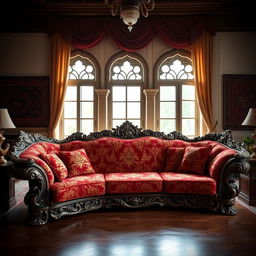 A lavish Mughal-style sofa, intricately designed with ornate carvings, featuring rich textiles in deep reds and golds