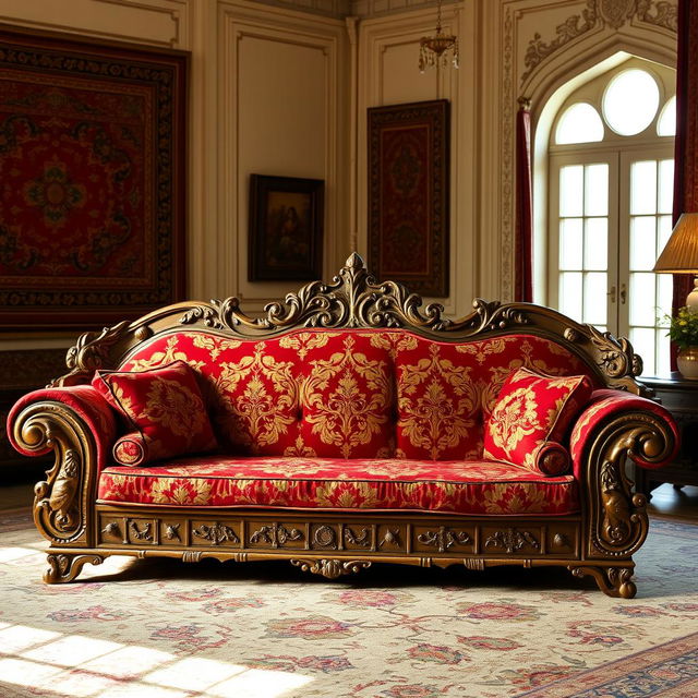 A lavish Mughal-style sofa, intricately designed with ornate carvings, featuring rich textiles in deep reds and golds