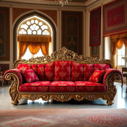 A lavish Mughal-style sofa, intricately designed with ornate carvings, featuring rich textiles in deep reds and golds