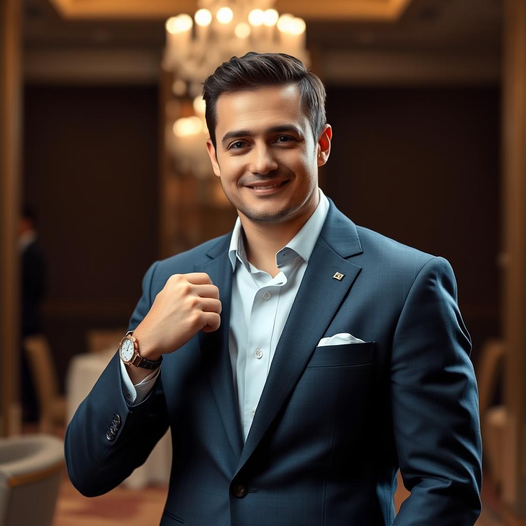 A stylish and sophisticated formal portrait of a confident individual in a tailored suit