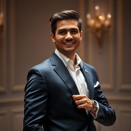 A stylish and sophisticated formal portrait of a confident individual in a tailored suit