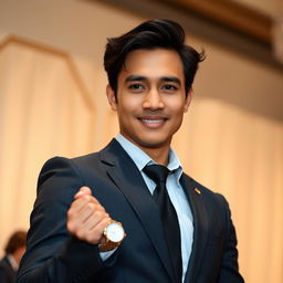 A stylish and sophisticated formal portrait of a confident individual in a tailored suit