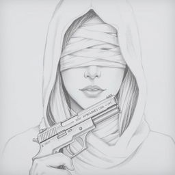 Pencil drawing of a woman's face partially obscured by a hood that covers her head and neck