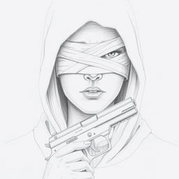 Pencil drawing of a woman's face partially obscured by a hood that covers her head and neck