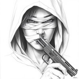 Pencil drawing of a woman's face partially obscured by a hood that covers her head and neck