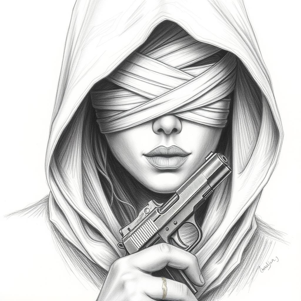 Pencil drawing of a woman's face partially obscured by a hood that covers her head and neck