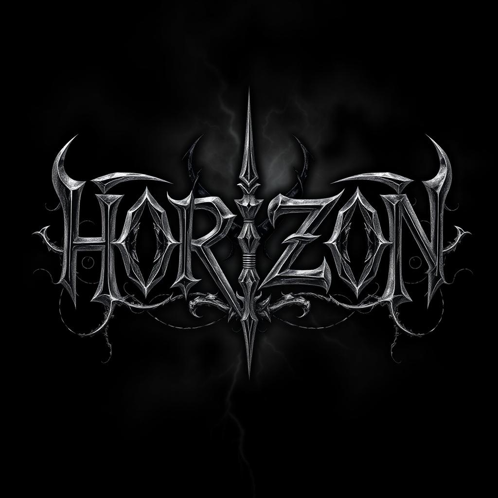 A striking black metal band logo featuring the word 'HORIZON' in a bold, aggressive font