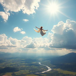 A beautiful dream of flight, depicting a serene sky with fluffy white clouds and a radiant sun shining brightly