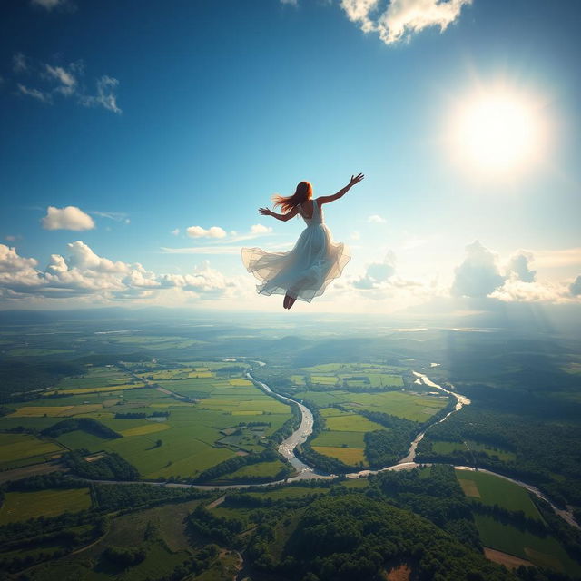 A beautiful dream of flight, depicting a serene sky with fluffy white clouds and a radiant sun shining brightly