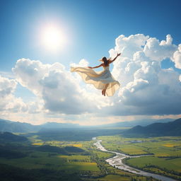 A beautiful dream of flight, depicting a serene sky with fluffy white clouds and a radiant sun shining brightly