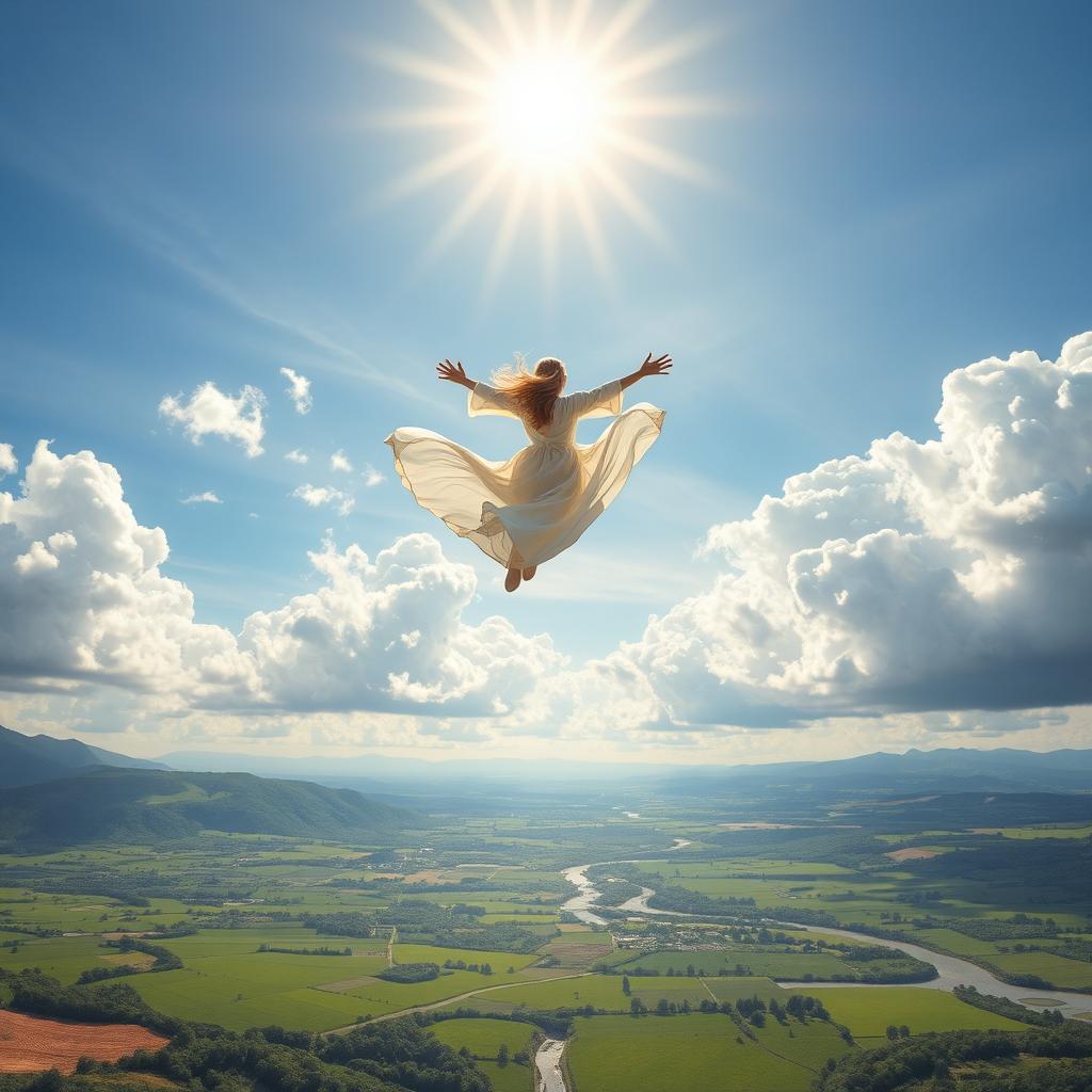 A beautiful dream of flight, depicting a serene sky with fluffy white clouds and a radiant sun shining brightly