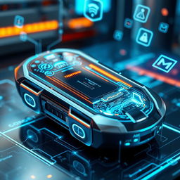 A futuristic gadget that embodies sleek design and advanced technology, featuring a high-resolution holographic display, metallic surface with neon accents, intricate circuits visible beneath a semi-transparent shell
