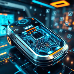 A futuristic gadget that embodies sleek design and advanced technology, featuring a high-resolution holographic display, metallic surface with neon accents, intricate circuits visible beneath a semi-transparent shell