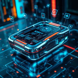 A futuristic gadget that embodies sleek design and advanced technology, featuring a high-resolution holographic display, metallic surface with neon accents, intricate circuits visible beneath a semi-transparent shell