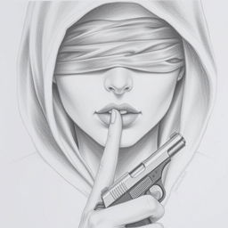 A pencil drawing of a woman's face partially covered by a hood that conceals her head and neck