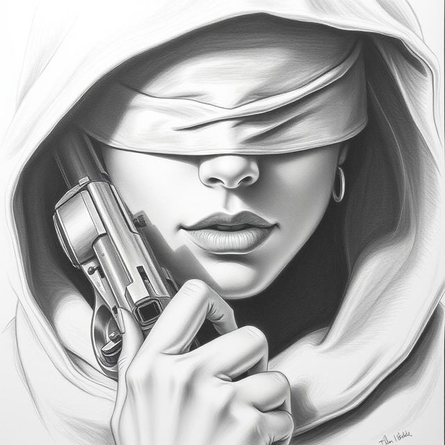 A pencil drawing of a woman's face partially covered by a hood that conceals her head and neck