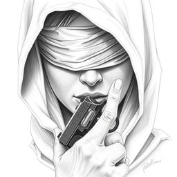 A pencil drawing of a woman's face partially covered by a hood that conceals her head and neck