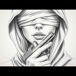 A pencil drawing of a woman's face partially covered by a hood that conceals her head and neck