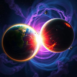 A dramatic scene depicting the collision of two planets in outer space, with vibrant colors and stunning celestial effects