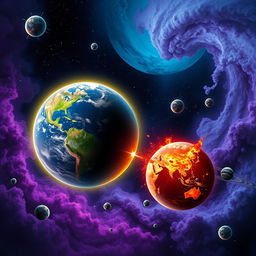 A dramatic scene depicting the collision of two planets in outer space, with vibrant colors and stunning celestial effects
