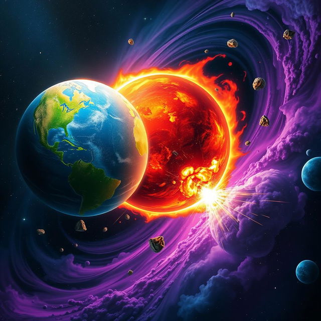 A dramatic scene depicting the collision of two planets in outer space, with vibrant colors and stunning celestial effects