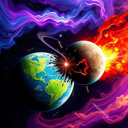 A dramatic scene depicting the collision of two planets in outer space, with vibrant colors and stunning celestial effects