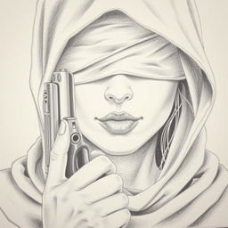 A pencil drawing of a woman's face partially hidden beneath a hood that covers her head and neck