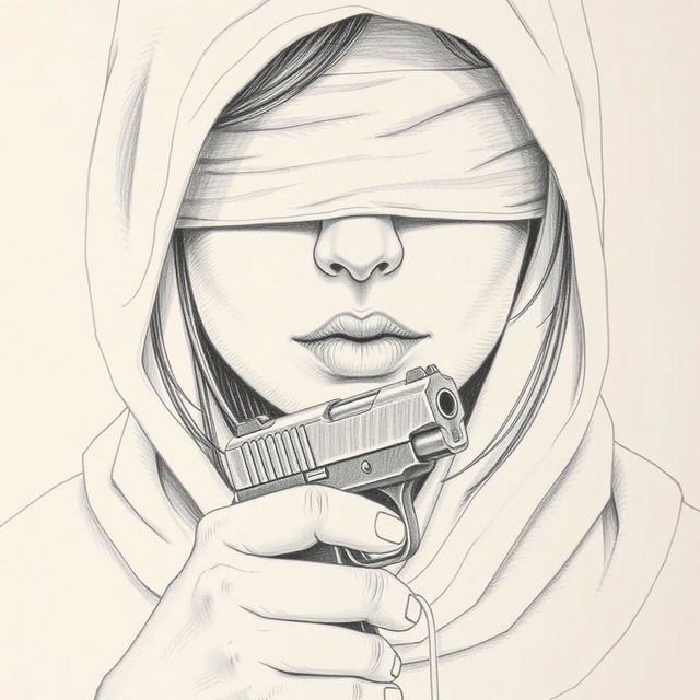 A pencil drawing of a woman's face partially hidden beneath a hood that covers her head and neck