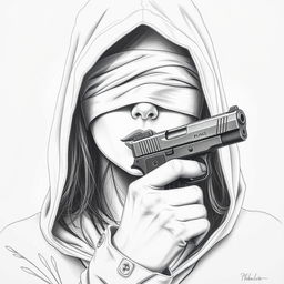 A pencil drawing of a woman's face partially hidden beneath a hood that covers her head and neck