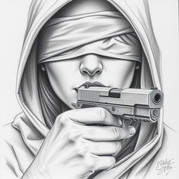 A pencil drawing of a woman's face partially hidden beneath a hood that covers her head and neck
