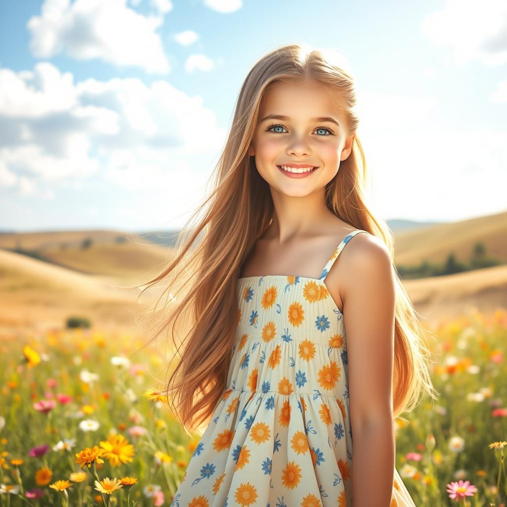 A stunningly beautiful girl with long flowing hair, sparkling blue eyes, and a radiant smile, wearing a fashionable summer dress that complements her figure