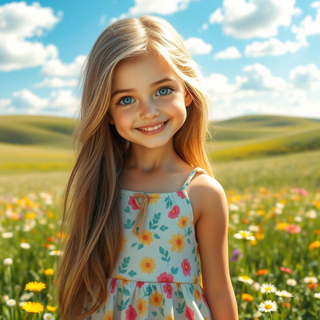 A stunningly beautiful girl with long flowing hair, sparkling blue eyes, and a radiant smile, wearing a fashionable summer dress that complements her figure