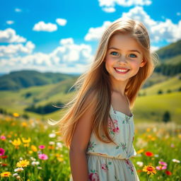 A stunningly beautiful girl with long flowing hair, sparkling blue eyes, and a radiant smile, wearing a fashionable summer dress that complements her figure