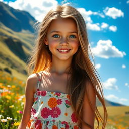 A stunningly beautiful girl with long flowing hair, sparkling blue eyes, and a radiant smile, wearing a fashionable summer dress that complements her figure