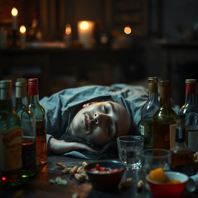 A dramatic scene depicting a person who has drunken excessively and appears lifeless on the floor, surrounded by empty bottles of liquor and a dimly lit room that suggests a party gone wrong