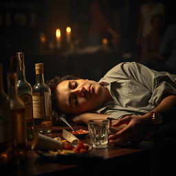 A dramatic scene depicting a person who has drunken excessively and appears lifeless on the floor, surrounded by empty bottles of liquor and a dimly lit room that suggests a party gone wrong