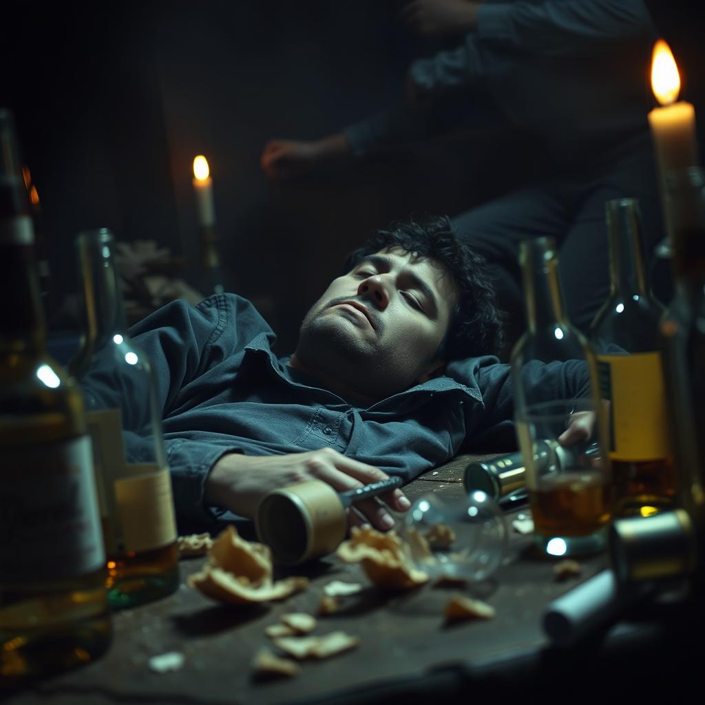 A dramatic scene depicting a person who has drunken excessively and appears lifeless on the floor, surrounded by empty bottles of liquor and a dimly lit room that suggests a party gone wrong