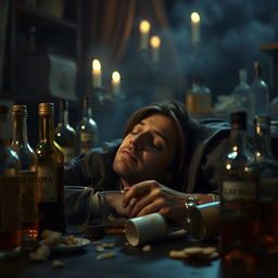A dramatic scene depicting a person who has drunken excessively and appears lifeless on the floor, surrounded by empty bottles of liquor and a dimly lit room that suggests a party gone wrong