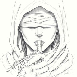 A pencil drawing of a female soldier's face, characterized by strong features and determination