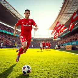 A vibrant and dynamic scene showcasing Cristiano Ronaldo wearing the red jersey of Persepolis FC, dribbling the ball with confidence on a lush green football field