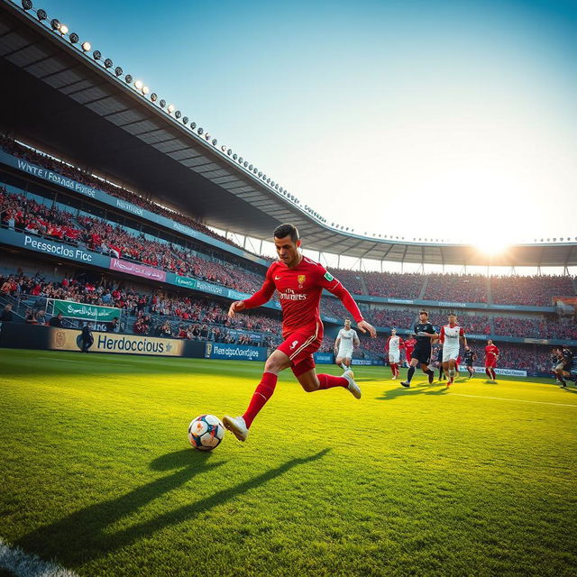 A vibrant and dynamic scene showcasing Cristiano Ronaldo wearing the red jersey of Persepolis FC, dribbling the ball with confidence on a lush green football field