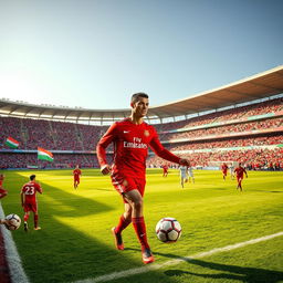A vibrant and dynamic scene showcasing Cristiano Ronaldo wearing the red jersey of Persepolis FC, dribbling the ball with confidence on a lush green football field