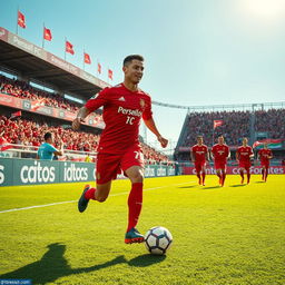 A vibrant and dynamic scene showcasing Cristiano Ronaldo wearing the red jersey of Persepolis FC, dribbling the ball with confidence on a lush green football field