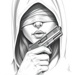 A pencil drawing of a woman's face, partially obscured by a hood that covers her head and neck