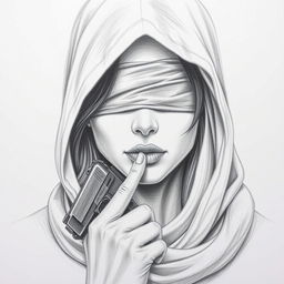 A pencil drawing of a woman's face, partially obscured by a hood that covers her head and neck