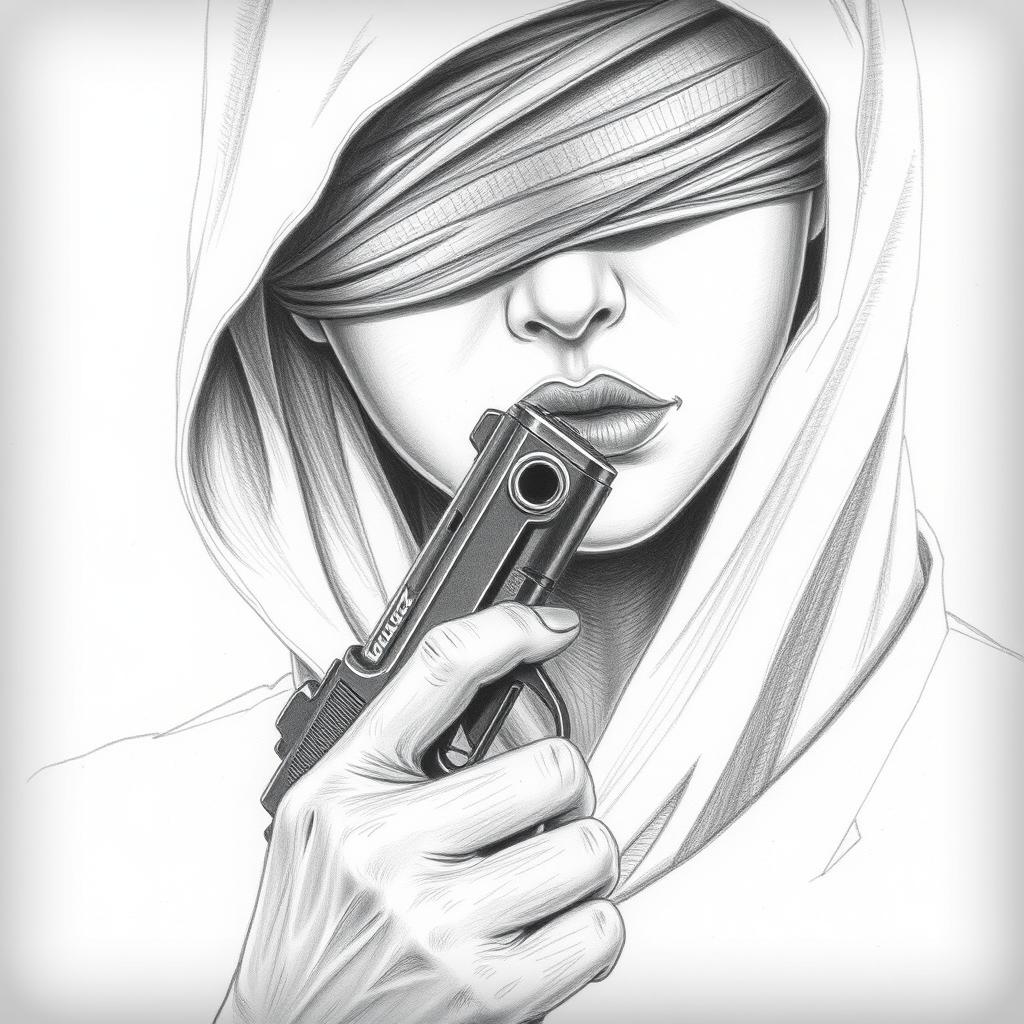 A pencil drawing of a woman's face, partially obscured by a hood that covers her head and neck