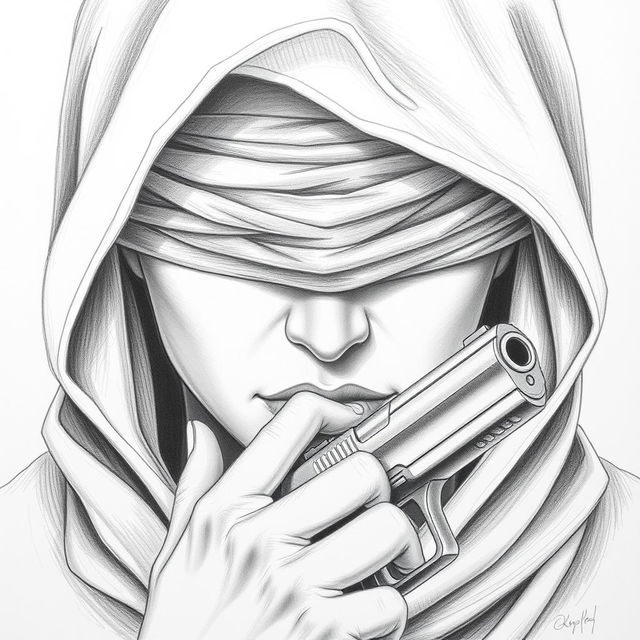 A pencil drawing of a woman's face, partially obscured by a hood that covers her head and neck