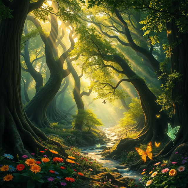 A mesmerizing enchanted forest, filled with towering ancient trees and lush green foliage, dappled with golden sunlight