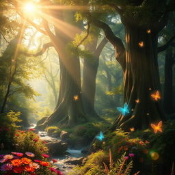 A mesmerizing enchanted forest, filled with towering ancient trees and lush green foliage, dappled with golden sunlight