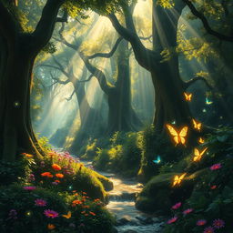A mesmerizing enchanted forest, filled with towering ancient trees and lush green foliage, dappled with golden sunlight